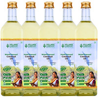 Village Company Extra Virgin Cold Pressed Coconut Oil 1 Ltr Pack of 5 | Hair Skin Cooking Baby Massage | Organic Pure Edible Natural | Wood Press Kolhu Kacchi Ghani Chekku | Chemical-Free Glass Bottle