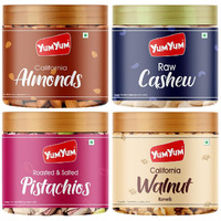 YUM YUM Premium Dry Fruits Combo Pack of 4 | California Almonds, Whole Cashews, Roasted Pistachios, Walnut Kernel | Total 775 g | Healthy Dry Fruits Snacks | Kaju, Walnut Kernels, Pista & Badam Combo