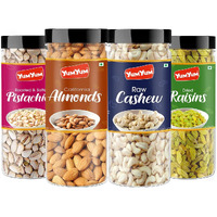 YUM YUM Dry Fruits Combo Pack of 4 (California Almonds 150g, Cashew 150g, Roasted & Salted Pistachios 150g, Green Raisins 150g) Jar Each 150g | Total 600 g | Healthy Dry Fruits Snacks