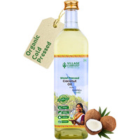Village Company Extra Virgin Cold Pressed Coconut Oil 1 Litre | Hair, Skin, Cooking and Baby Massage | Organic Pure Edible Natural | Wood Press Kolhu Kacchi Ghani Chekku | Chemical-Free | Glass Bottle