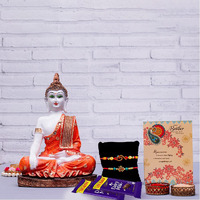 ARCHIES Wooden Om Rakhi for Brother Rakshabandhan Combo of 1 Rakhi, 1 Ganesh Laxmi Coin With 1 Roli & Chawal-10gm, 1 Exotic Assorted Chocolate(Butterscotch)-60gm & Greeting Card (Pack of 5)