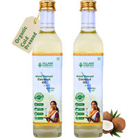 Village Company Extra Virgin Cold Pressed Coconut Oil 500ML Pack of 2 | Hair Skin Cooking Baby Massage | Organic Pure Edible Natural | Wood Press Kolhu Kacchi Ghani Chekku | Chemical-Free Glass Bottle