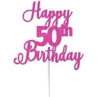 Festiko Glitter Hot Pink Happy 50th Birthday-Scriptted Letter Cake Topper for Birthday/Anniversary