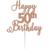 Festiko Glitter Rose Gold Happy 50th Birthday-Scriptted Letter Cake Topper for Birthday/Anniversary