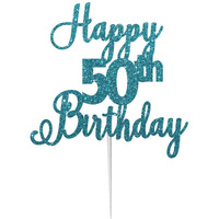 Festiko Glitter Light Blue Happy 50th Birthday-Scriptted Letter Cake Topper for Birthday/Anniversary
