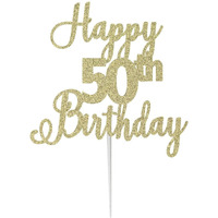 Festiko Glitter Gold Happy 50th Birthday-Scriptted Letter Cake Topper for Birthday/Anniversary