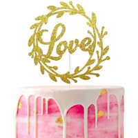 Festiko Gold Glitter Love Cake Topper, Bridal Shower Wedding Cake Topper, Be Mine Cake Topper, Valentines Day Party Decorations Supplies