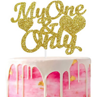 Festiko Gold Glitter My One and Only Cake Topper, Love Cake Topper, Bridal Shower, Wedding Anniversary Cake Decor, Valentines Day Party Decorations Supplies