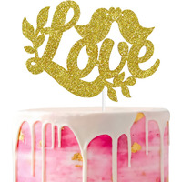 Festiko Gold Glitter Love Cake Topper, Love Birds Cake Topper, Bridal Shower Wedding Decoration, Valentines Day Party Supplies