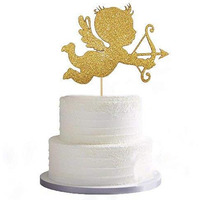 Festiko Gold Cupid Cake Topper for Valentines Day, Engagement, Birthday, Wedding, Bridal Shower Party Decoration, Party Supplies