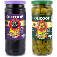 Olicoop Black Pitted Olives + Green Pitted Olives, 450g, Pack of 1 Unit Each, for Authentic Taste in Cooking, Snacking, Pizzas toppings or Italian Pastas Ingredient