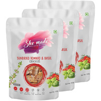 She Made Foods Crackers Biscuit - Pack of 3, Tangy Sundried Tomato & Basil Flavour, Vegan & Gluten-Free Snack, Healthy Baked Crackers, Tasty Gourmet Bites (150 grams each)