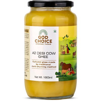 God Choice Organic Farms  Pure A2 Desi Cow Ghee 1 Litre | Cultured Desi Cow Ghee from Bilona Method | Curd Churned Organic Cow Ghee (Glass Jar)