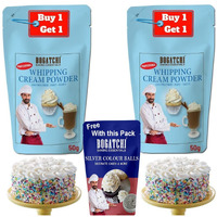 BOGATCHI Whipping cream for cake, Whipping Cream Powder, Premium Whipping cream Powder, Rich Whipping cream, Whipped Cream 50g |FREE One Extra Whipping Cream Powder(50g)+ Silver Balls (20g)