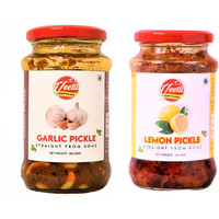 Veetil Garlic Pickle + Lemon Pickle Combo Pack - Homemade Nimbu + Lasoon Ka Aachar 350g (2 bottles)