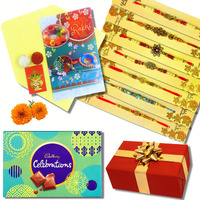 Almoda Creations 7 Pieces Handcrafted Rakhi Set for Brother With Cadbury Celebration Chocolates, Roli Moli, Kalawa, Personalized Message Rakhi Greeting Card, Rakhi Gift Box, 300 grams