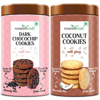 NourishVitals Dark Chocochip Cookies + Coconut Cookies, Heavenly Bites, Source of Protein, Crunchy Delights, Genius Snack, 120g Each