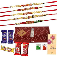 Maalpani Rakhi And Chocolate Gift Box |Set Of 5 Rakhi With Dairy Milk Chocoalte And Five Star Chocolate Box For Brother - Bhaiya - Bhai | RAkhi for Brother Chocolate Combo | D5046C