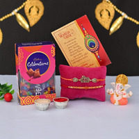Rakhi for Brother with Ganesh Gift Combo, Rakhi with Chocolate for Bhaiya Kids, Rakhi Set of 2 with Cadbury Celebration Chocolate Gift Pack, Greeting Card, Tilak Set