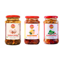 Veetil Mango Pickle + Lemon Pickle + Garlic Pickle Triple Combo Pack - Homemade Nimbu + Lasoon + Aam Ka Aachar 350g (3 bottles)