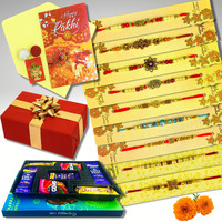 Almoda Creations Rakhi For Brother 9 Piece Rakhi Combo With Personalized Rakhi Greeting Card, Chocolates, Roli Moli, Kalawa & Rakhi Gift Box