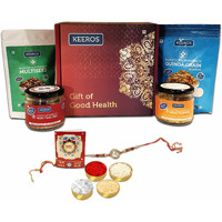 Keeros Healthy Bhai Dooj Gift Hamper for Brother with Roli Moli Chandan Tikka Chawal Mishri | Combo of Sweet & Salted, Tasty & Nutritious Super Snacks in a Premium Gift Hamper | Bhai Duj Combo Pack