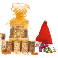 NUTRI MIRACLE Christmas Gift Hamper with Christmas Goodies | Dry Fruit and Chocolate Gift Pack with Christmas Tree Decoratives and Santa Cap for Christmas