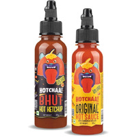 HOTCHAA! Bhut Hot Ketchup & OG Hot Sauce Combo Pack (170g X 2) Smoky & Tangy Bhut Hot Ketchup and Light, Sharp OG Hot Sauce, Small Batch, Vegan, NO MSG