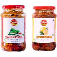 Veetil Mango Pickle + Lemon Pickle Combo Pack - Homemade Nimbu + Aam Ka Aachar 350g (2 Bottles)