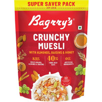 Bagrrys Crunchy Muesli 750gm Pouch| 40% Fibre Rich Oats with Bran | 82% Multi Grains, Almonds, Raisins & Honey | Breakfast Cereal | Natural Muesli