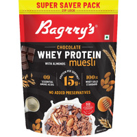 Bagrrys Whey Protein Muesli 750gm Pouch |15gm Protein Per Serve |Chocolate Flavour|Whole Oats & Californian Almonds|Breakfast Cereal|Protein Rich|Premium American Whey Muesli