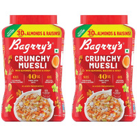 Bagrrys Crunchy Muesli | 40% Fibre Rich Oats with Bran | 82% Multi Grains, Almonds, Raisins & Honey | Breakfast Cereal | Natural Muesli, 1000g Jar, Pack of 2