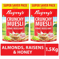Bagrrys Crunchy Muesli | 40% Fibre Rich Oats with Bran | 82% Multi Grains, Almonds, Raisins & Honey | Breakfast Cereal | Natural Muesli, 750 GM Pouch (Pack of 2)
