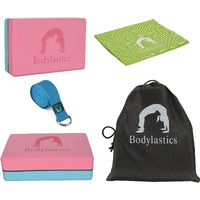Bodylastics Yoga Blocks Set of 2, Yoga Strap, Cooling Towel with Storage Bag High Density EVA Foam Non-Slip Workout Bricks to Improve Poses Balance Flexibility Support Strength Training Exercise
