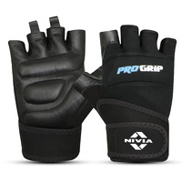 Nivia Pro Grip Genuine Leather Gloves,Gym Gloves for Men and Women Weightlifting Gloves,Stretch Fabric with Neoprene Strap, 1/2 Finger Durable Wight Lifting Gloves - Black(Medium)