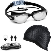 SLOVIC Black Swimming Goggles & Black Embossed Swimming Caps for Men & Women with Silicon Nose Bridge | Free Size Cap, UV-Protected Anti-Fog Glasses, Push-Button Strap with Ear Plugs & Nose Clip
