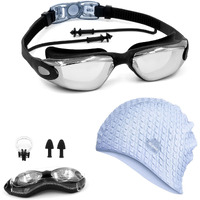 SLOVIC Black Swimming Goggles & Blue Embossed Swimming Caps for Men & Women with Silicon Nose Bridge | Free Size Cap, UV-Protected Anti-Fog Glasses, Push-Button Strap with Ear Plugs & Nose Clip
