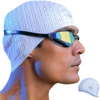 SLOVIC Blue Embossed Swimming Caps for Men and Women with Long Hair | Waterproof Cap for Swimming Silicone | Free-Size for Great Fit | No Hair Pulling | Prevents Chemical Damage