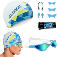 SLOVIC Sky-Blue Swimming Goggles with White-Blue Swimming Caps for Men & Women with Detachable Silicon Nose Bridge | Free Size Cap, UV-Protected Glasses, Adjustable Straps with Ear Plugs & Nose Clip