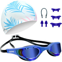 SLOVIC Dark-Blue Swimming Goggles with White-Leaf Swimming Caps for Men & Women with Detachable Silicon Nose Bridge | Free Size Cap, UV-Protected Glasses, Adjustable Straps with Ear Plugs & Nose Clip