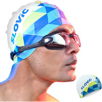 SLOVIC White-Blue Printed Swimming Caps for Men and Women with Long Hair | Waterproof Cap for Swimming Silicone | Free-Size for Great Fit | No Hair Pulling | Prevents Chemical Damage