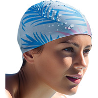 SLOVIC White Leaf Printed Swimming Caps for Men and Women with Long Hair | Waterproof Cap for Swimming Silicone | Free-Size for Great Fit | No Hair Pulling | Prevents Chemical Damage