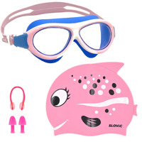SLOVIC Pink Swimming Goggles & Red Rose Fish Printed Swimming Caps for Kids | Waterproof | Anti-Fog Glasses | Perfect Fit for Boys & Girl | Swimming Caps for Kids 6-14 | No Hair Pulling, Free Size Cap
