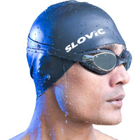 SLOVIC Black Swimming Goggles & Black Swimming Caps for Men & Women with Silicon Nose Bridge | Waterproof | Free Size Cap, UV-Protected Anti-Fog Glasses, Adjustable Strap with Ear Plugs & Nose Clip