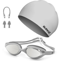 SLOVIC Grey Swimming Goggles & Grey Swimming Caps for Men & Women with Silicon Nose Bridge | Waterproof | Free Size Cap, UV-Protected Anti-Fog Glasses, Adjustable Strap with Ear Plugs & Nose Clip