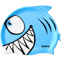 SLOVIC Blue Shark Printed Swimming Caps for Kids | Waterproof Silicone for Boys & Girl | Swimming Caps for Kids 6-14 | No Hair Pulling | Free Size Swimming Caps for Kids