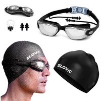 SLOVIC Black Swimming Goggles & Black Swimming Caps for Men & Women with Silicon Nose Bridge | Free Size Cap, UV-Protected Anti-Fog Glasses, Push-Button Strap with Ear Plugs & Nose Clip | Swimming Kit