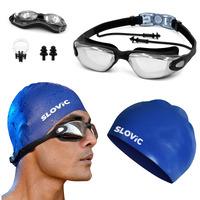 SLOVIC Black Swimming Goggles & Blue Swimming Caps for Men & Women with Silicon Nose Bridge | Free Size Cap, UV-Protected Anti-Fog Glasses, Push-Button Strap with Ear Plugs & Nose Clip - Swimming Kit
