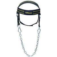 19 ten Neck and Head Strengthening Weight Harness Thick Padded Adjustable Strap with 30 Heavy Duty Steel Chain & Rings for Gym Crossfit Fitness Training Injury Rehab (Harness Yellow Line)