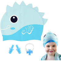 Proberos Kids Swimming Cap Slicone Swimming Cap with Nose Clip & Earplugs Blue Cartoon Dinosaur Swimming Cap for Boys Girls